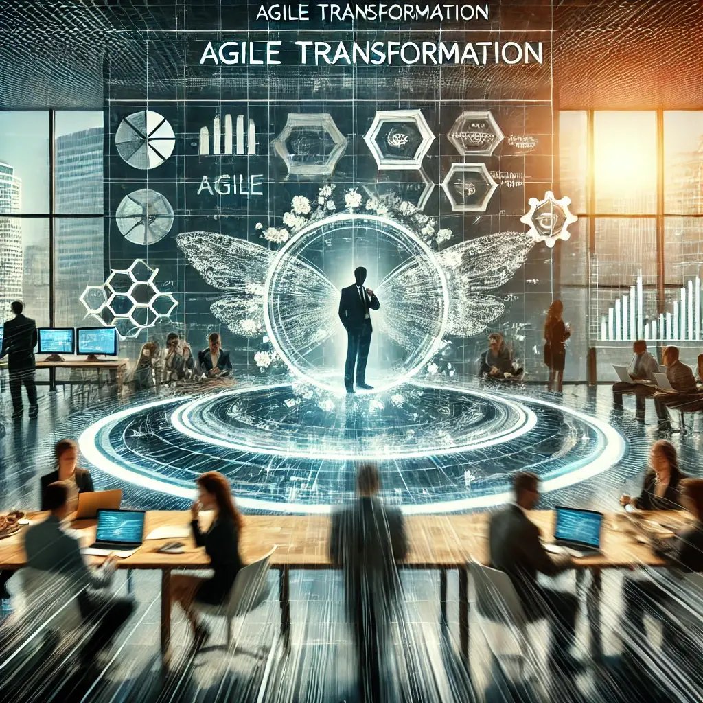 DALL·E 2024-07-06 11.15.03 - A visual representation of Agile Transformation featuring a dynamic, fluid office environment with teams collaborating on various projects using inter
