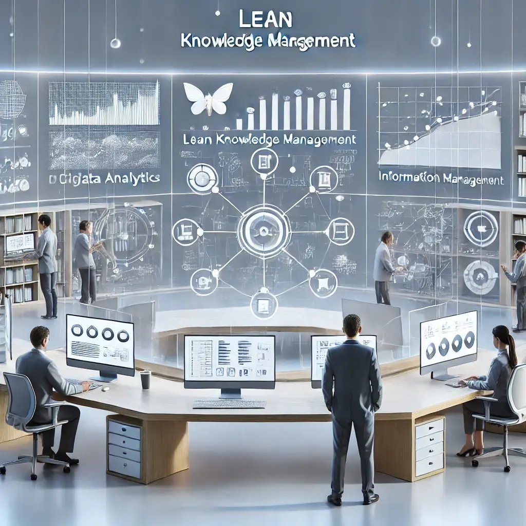 DALL·E 2024-07-06 11.15.05 - A visual representation of Lean Knowledge Management depicting a streamlined and organized office environment with minimalistic design. The scene incl