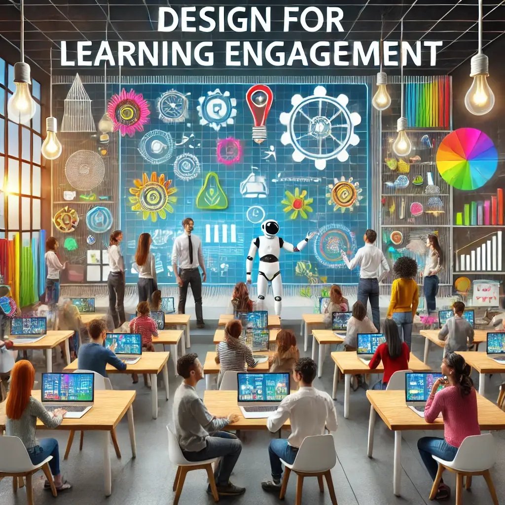 DALL·E 2024-07-06 11.15.08 - A visual representation of Design for Learning Engagement showing a vibrant classroom or workshop setting with a modern, interactive design. The scene