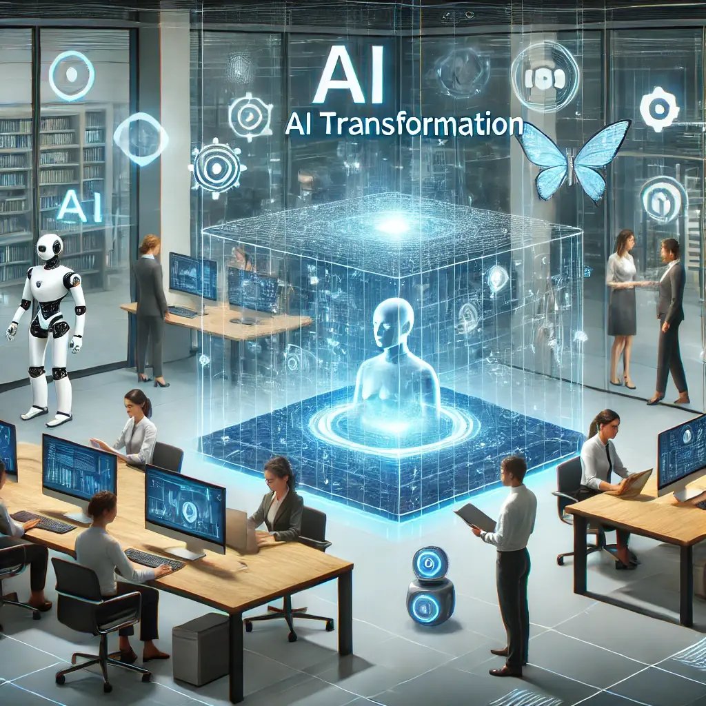 DALL·E 2024-07-06 11.15.20 - A visual representation of AI Transformation, depicting a futuristic office space where professionals interact with advanced AI interfaces. The scene 