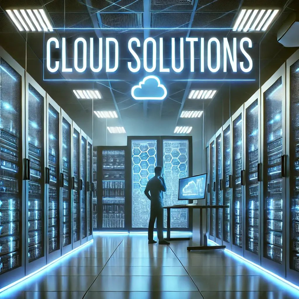 DALL·E 2024-07-06 12.21.17 - A high-tech data center filled with advanced server racks emitting soft blue light, with the words Cloud Solutions prominently displayed above in bo