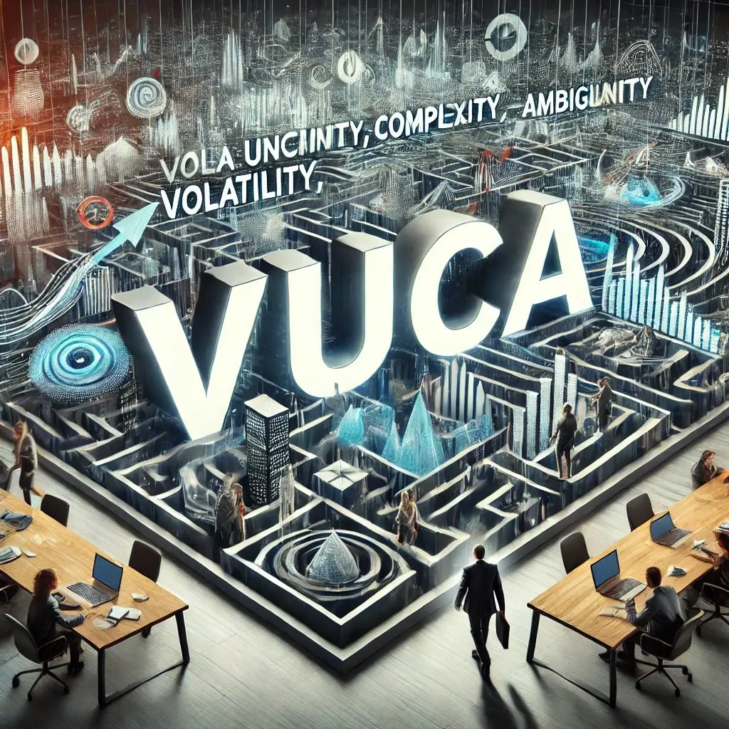 DALL·E 2024-07-06 12.24.51 - A visual representing the concept of VUCA (Volatility, Uncertainty, Complexity, Ambiguity) in a dynamic and chaotic office environment. The word VUCA