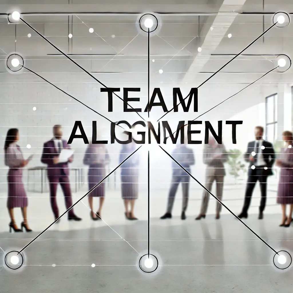 DALL·E 2024-07-06 12.38.52 - A visual representation of Team Alignment featuring a group of diverse professionals connected by lines and nodes in a network-like structure, symbo