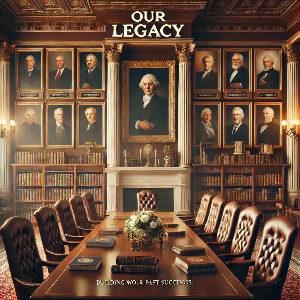 DALL·E 2024-07-16 16.48.40 - A stately conference room filled with historical leadership books, artifacts, and portraits of influential leaders. This elegant room represents a ric-1
