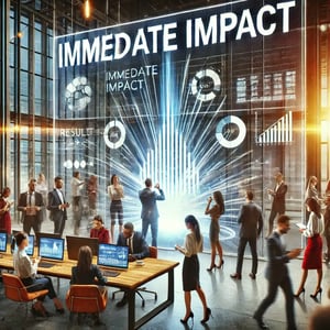 DALL·E 2024-07-16 20.37.41 - A bustling modern office scene with diverse professionals reacting to positive results displayed on a central monitor, showing graphs and metrics. The