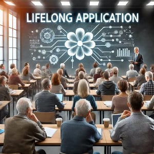 DALL·E 2024-07-16 20.37.51 - An academic setting with a diverse group of lifelong learners engaged in a seminar, with the words Lifelong Application displayed on a projector scr