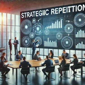 DALL·E 2024-07-17 14.25.32 - A modern corporate office scene with a brainstorming session in progress, featuring a large screen displaying the words Strategic Repetition. The en